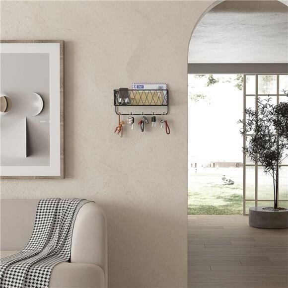 Entryway Mail Holder with Key Hooks,11.0" L×2.6"W×5.1"H,Wall Mounted Matte Black - Picture 3 of 6